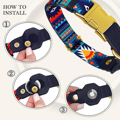AirTag Dog Collar for Small Medium Large Breed - Adjustable Cute Pattern Dog Collar with Airtag Holder - Soft Leather Tracker GPS Apple Air Tag Pet Collars (Small, 12"-15" Neck Fit, Navajo)