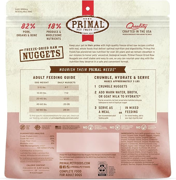 Primal Freeze Dried Raw Dog Food Nuggets, Pork, Complete &amp; Balanced Meal, Also Use as Topper or Treat, Premium, Healthy, Grain Free, High Protein Raw Dog Food, 14 oz (Pack of 4)