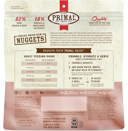 Primal Freeze Dried Raw Dog Food Nuggets, Pork, Complete &amp; Balanced Meal, Also Use as Topper or Treat, Premium, Healthy, Grain Free, High Protein Raw Dog Food, 14 oz