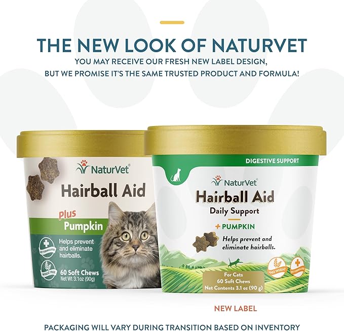 NaturVet – Hairball Aid Supplement for Cats - Plus Pumpkin – Helps Eliminate &amp; Prevent Hairballs – 60 Soft Chews