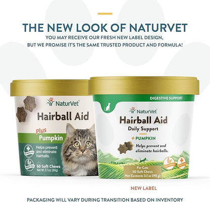 NaturVet – Hairball Aid Supplement for Cats - Plus Pumpkin – Helps Eliminate &amp; Prevent Hairballs – 60 Soft Chews
