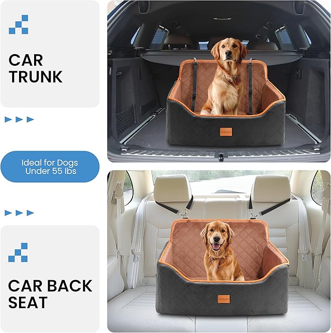 Dog Car Seat for Medium Dogs - Pet Car Seat with 2 Safety Straps &amp; Waterproof Padding, Portable Pet Carrier for Cars, Trucks &amp; SUVs, Comfortable Booster Bed for Pets Up to 55lbs (Black/Coffee)