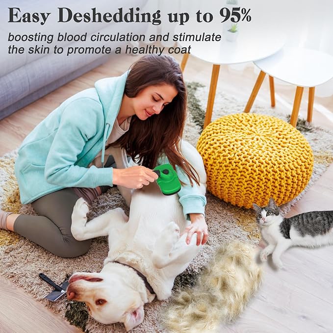 Self Cleaning Deshedding Brush for Dogs &amp; Cats - Skin Friendly Grooming Tool with Hair Removal for Haired Pets, Green