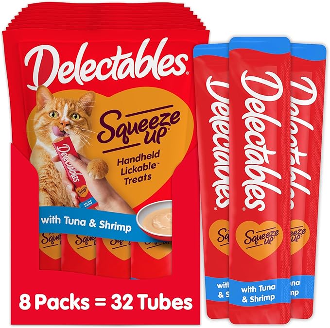 Delectables Squeeze Up Creamy Squeezable Puree, Lickable Wet Cat Treats, Grain Free, No Added Fillers, No By-Products, No Added Preservatives, 0.5 Ounces Tuna &amp; Shrimp, 32 Tubes Total
