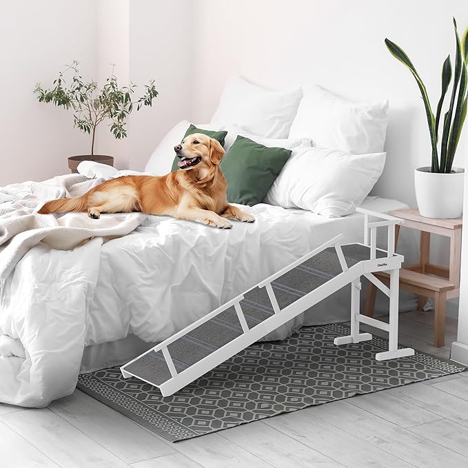 Onelike Wooden Dog Ramp for Bed with Removable Side Rail and Non-Slip Carpet, Stable Pet Ramp Stair for Couch Sofa for Small &amp; Large &amp; Senior Dogs, 60" Long Ramp White