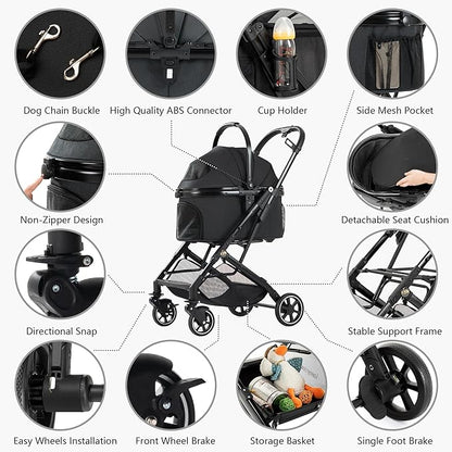 Kenyone 3-in-1 Pet Stroller for Small Medium Dogs Puppy Cat Stroller with Detachable Carrier &amp; Pad Lightweight Foldable Aluminum Alloy Frame Dual No-Zip Entry(Black)
