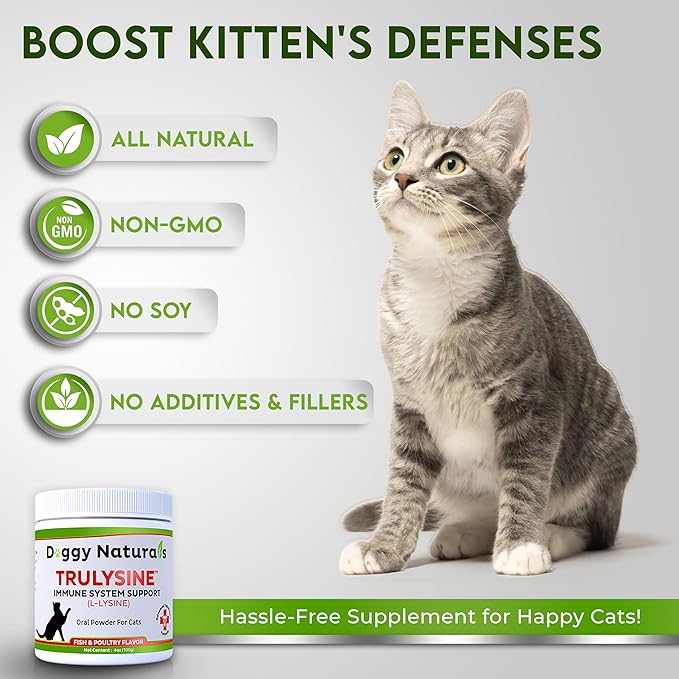 Trulysine L-Lysine for Cats Immune Support Oral Powder 4oz/100g - Cats &amp; Kittens of All Age, Sneezing, Runny Nose Squinting, Watery Eyes - Fish &amp; Poultry Flavor (U.S.A)(100 Grams ( 500mg / Scoop))