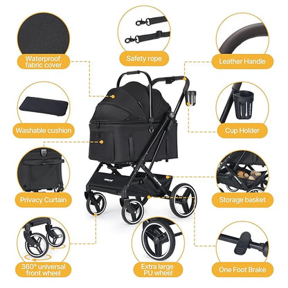 X3 2 in 1 Pet Stroller for Medium or Two Small Dogs &amp; Cats 4 Wheels Lightweight Foldable Carrier Dog Stroller with Waterproof Weather Cover Cup Holder,Storage Basket(Black)
