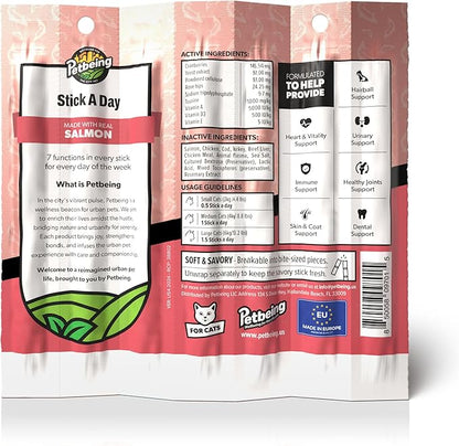 Stick a Day | Specially Formulated 7-in-1 Functions Daily Real Meat Supplement for Cats | Cat Chew Stick &amp; Pet Vitamins Supplements Combination (7-Pack x 4, Salmon)