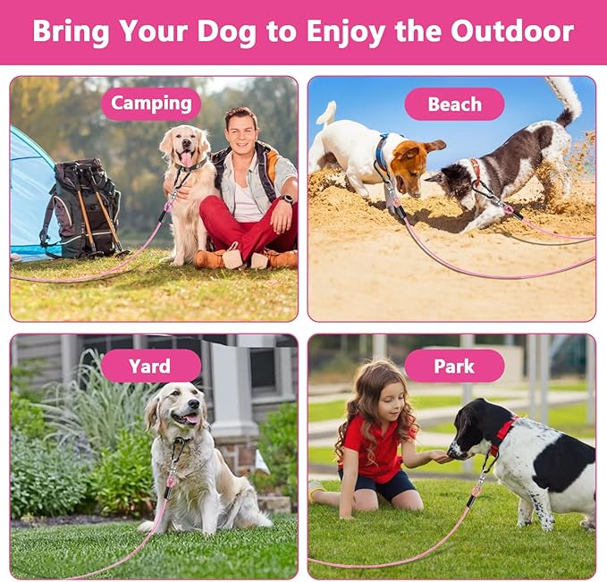 Dog Tie Out Cable 10FT-500Lbs,Heavy Duty Dog Leads&amp;Tether for Yard with Swivel Hook,Small Large Dogs Leash Line for Outside,Rust Chew Proof Dogs Run Cable for Outdoor Camping(Pink, 10FT)