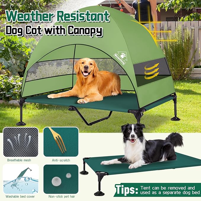 Elevated Outdoor Dog Bed with Canopy &amp; Adjustable Feet - Larger Shade for Camping, Backyard &amp; Patio