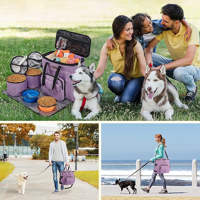 Modoker Dog Travel Organizer Carriers for Supplies &amp; Accessories, Airline Approved Cat Pet Travel Bag, 2 Collapsible Bowls, 2 Travel Dog Food Container, Purple