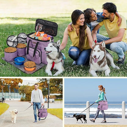Modoker Dog Travel Organizer Carriers for Supplies &amp; Accessories, Airline Approved Cat Pet Travel Bag, 2 Collapsible Bowls, 2 Travel Dog Food Container, Purple