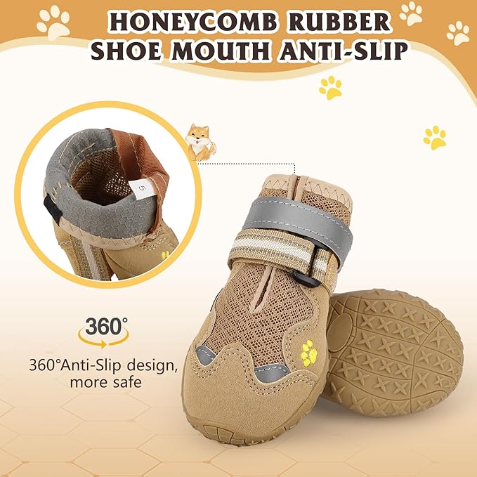 Dog Shoes, FISHOAKY Dog Shoes for Large Dogs, Mesh Breathable Dog Boots &amp; Paw Protectors for Summer Hot Pavement Winter Snowy, 360°Anti Slip 4Pcs Dog Booties with Reflective Khaki (Size 4)