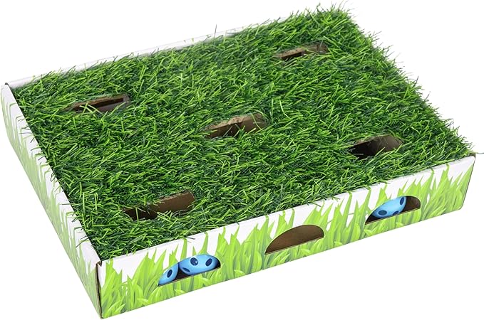 Catstages Grass Patch Hunting Box Interactive Bat &amp; Swat Game for Indoor Cats, 3 Jingle Balls Included, Green