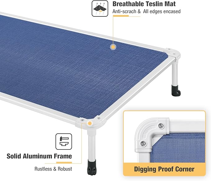 Veehoo Chew Proof Elevated Dog Bed - Cooling Raised Pet Cot - Silver Aluminum Frame and Durable Textilene Mesh Fabric, Unique Designed No-Slip Feet for Indoor or Outdoor Use, Blue, Medium, CWC2003