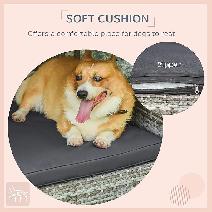 PawHut Wicker Dog House Outdoor with Canopy, Rattan Dog Bed with Water-Resistant Cushion, Raised Dog Bed for Small, Medium Dogs up to 66 lbs, 19.75" in Length, Gradient Gray Wicker &amp; Cushion