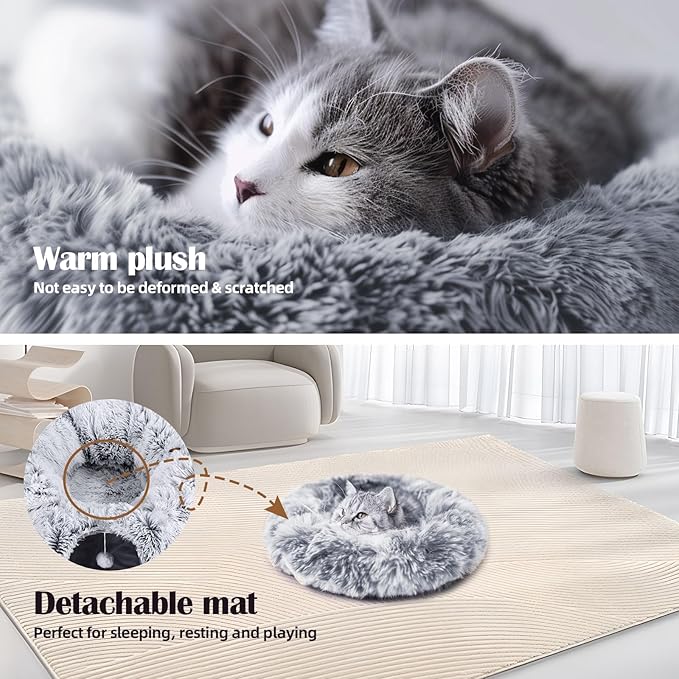 Odoland Cat Tunnel Bed with 20 Cat Toys - Indoor Plush Kitten Couch, Detachable Cats Cave Donut Tunnel &amp; Soft Kitten Toy Set - Cozy Cat Furniture, White