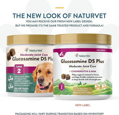 NaturVet – Glucosamine DS Plus - Level 2 Moderate Care – Supports Healthy Hip &amp; Joint Function – Enhanced with Glucosamine, MSM &amp; Chondroitin – for Dogs &amp; Cats–120 Soft Chews