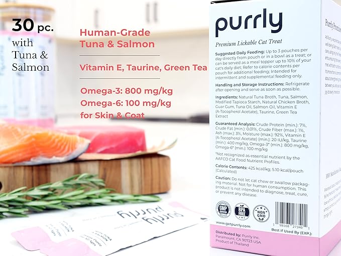 Purrly Squeezable Cat Treats Wet Healthy Interactive Hydrating Human-Grade Tuna &amp; Salmon with Omega-3 &amp; 6 for Skin &amp; Coat (30 Count) Lickable Healthy Creamy Puree