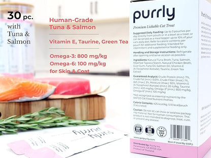 Purrly Squeezable Cat Treats Wet Healthy Interactive Hydrating Human-Grade Tuna &amp; Salmon with Omega-3 &amp; 6 for Skin &amp; Coat (30 Count) Lickable Healthy Creamy Puree