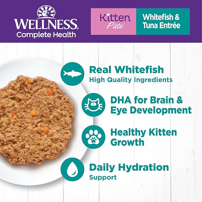 Wellness Complete Health Pate Kitten Wet Cat Food Canned Food, Natural, Protein-Rich, Grain Free, 3 Ounce Cans, 24 Pack, (Whitefish &amp; Tuna)