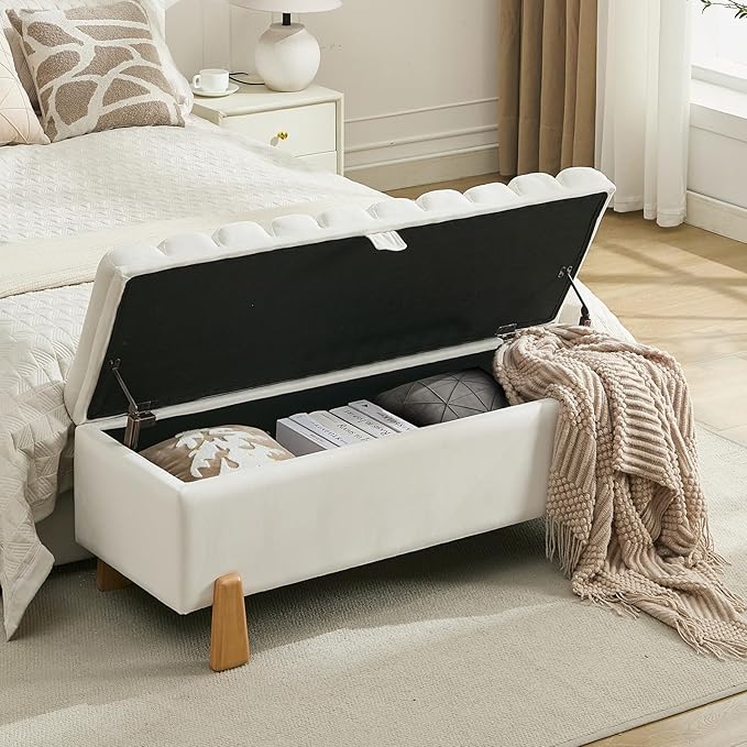 Storage Ottoman Bench for Bedroom Small Spaces 48.6 Inch with Hinged Lid Solid Wood Tapered Legs Tufted Upholstered Fabric for Living Room &amp; Bedroom, Beige