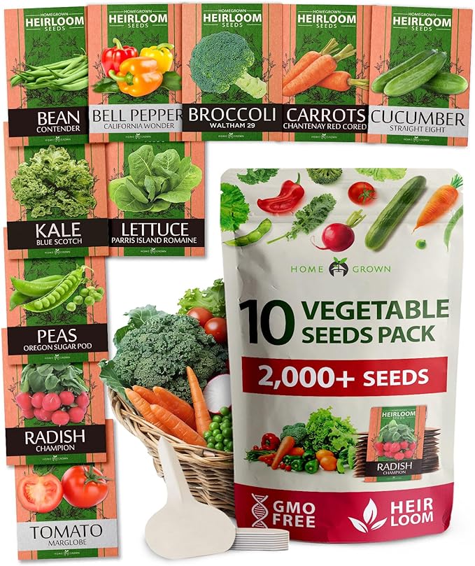 HOME GROWN 𝗨𝗦𝗔 𝗣𝗥𝗘𝗠𝗜𝗨𝗠 10 Variety Vegetable 2,000+ 𝗡𝗢𝗡-𝗚𝗠𝗢 Seeds (Kale Lettuce Tomato Broccoli Beans Peas Bell Peppers Carrot Cucumber Radish) – Indoor &amp; Outdoor Garden Survival Seeds