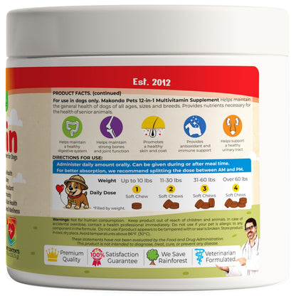 Dog Multivitamin 12-in-1 120 Soft Chews Glucosamine Probiotics &amp; Cranberry