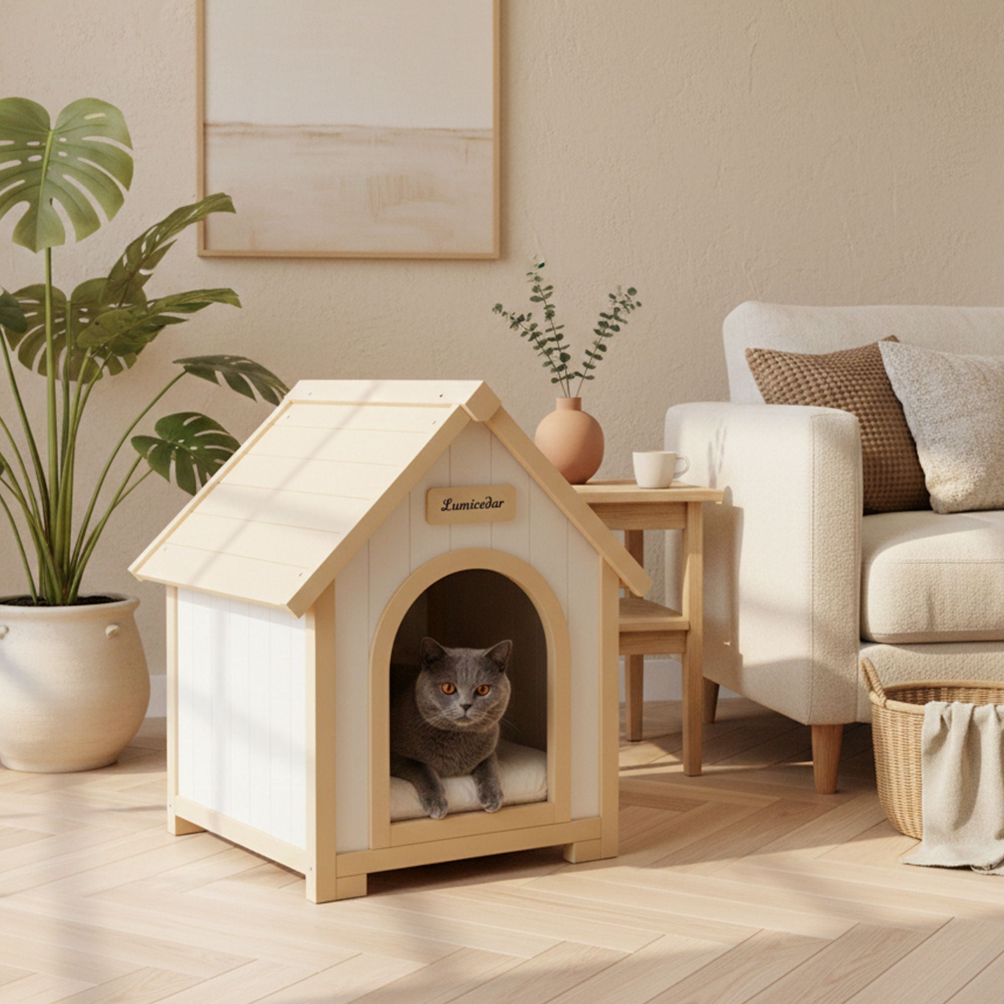 Indoor Dog House With Cushion Pet House For Small Dogs &amp; Cats - Creamy White / Light Yellow