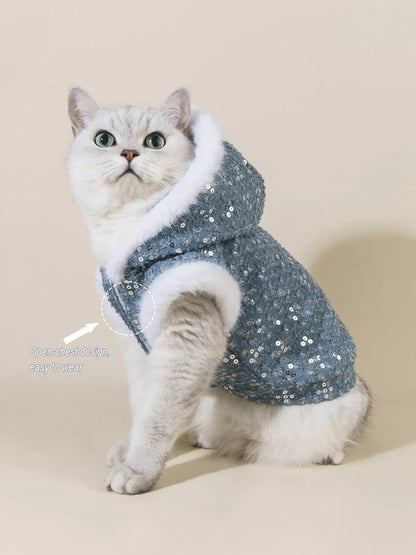 Sequin Pet Coat with Fur Trim