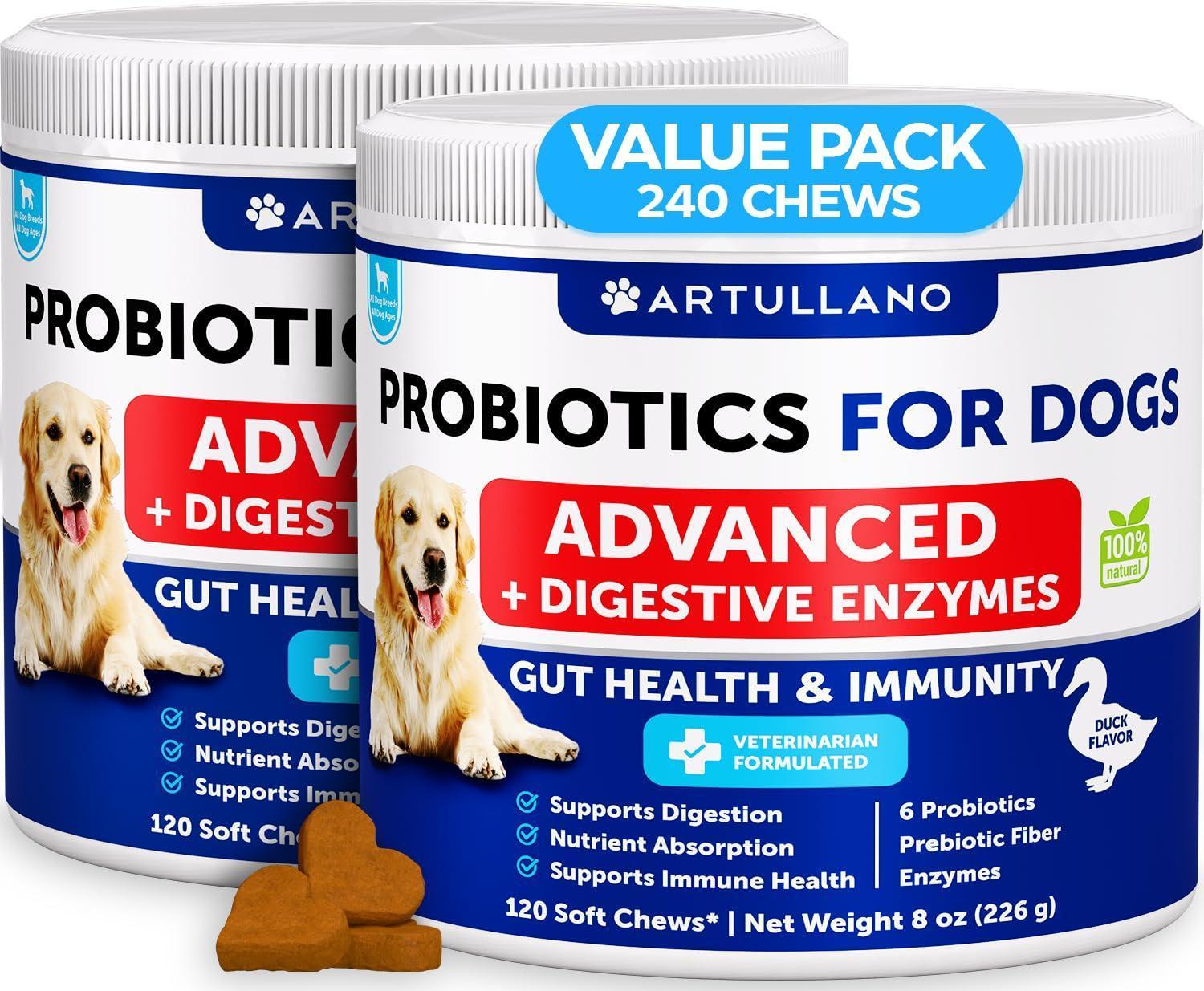 Probiotics for Dogs 240 Count 2-Pack Digestive Enzymes &amp; Prebiotics Gut Health
