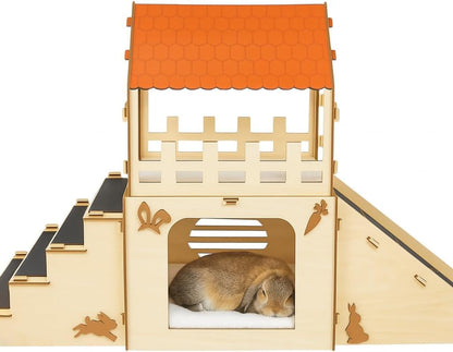Rabbit Hideout House Wooden Bunny Castle for Small Pets Indoor Cage