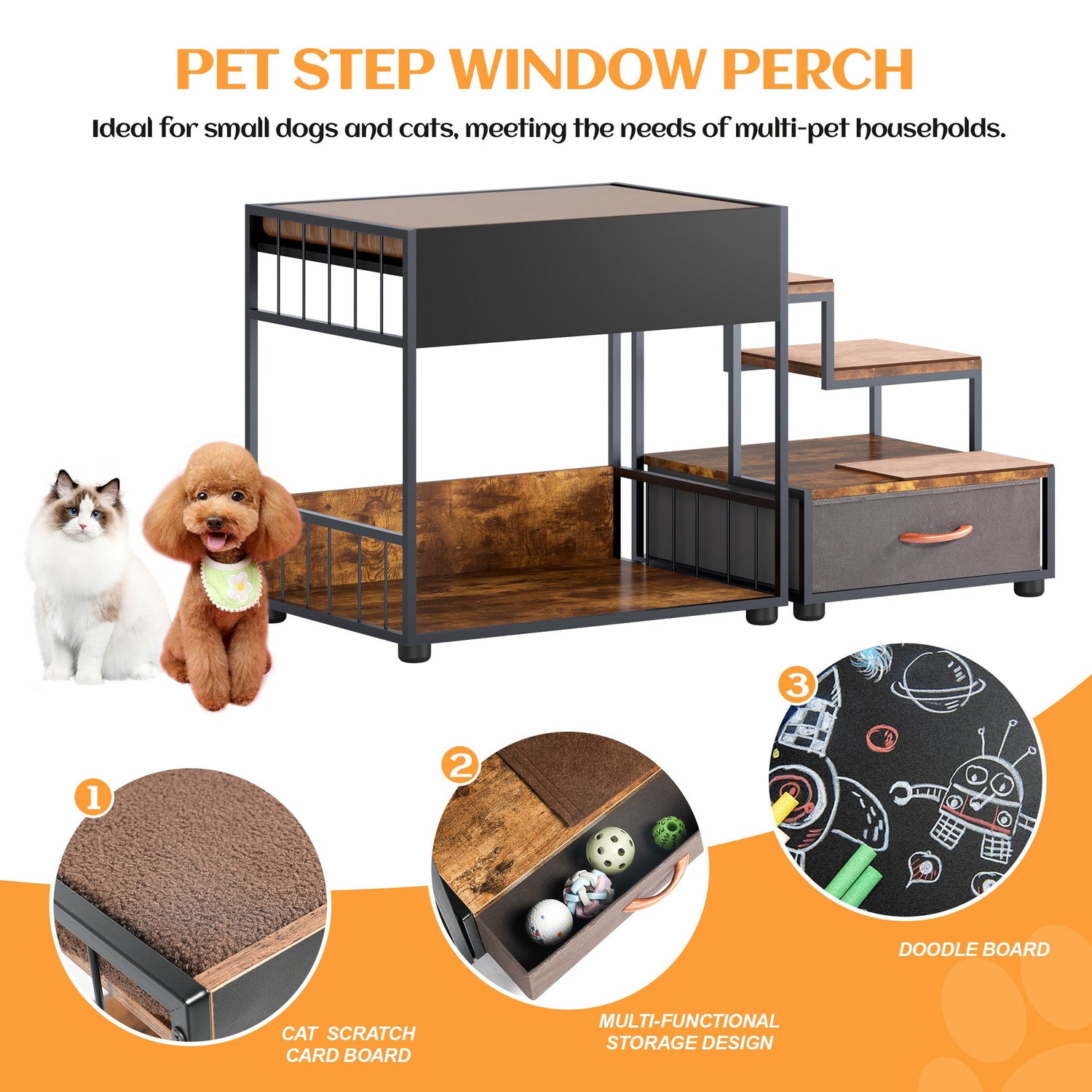 Pet Step Window Perch,Bunk Beds Window Perch for Dogs Bedside Lounge Elevated Dog Bed Multi-Level Platform with sponge Vintage