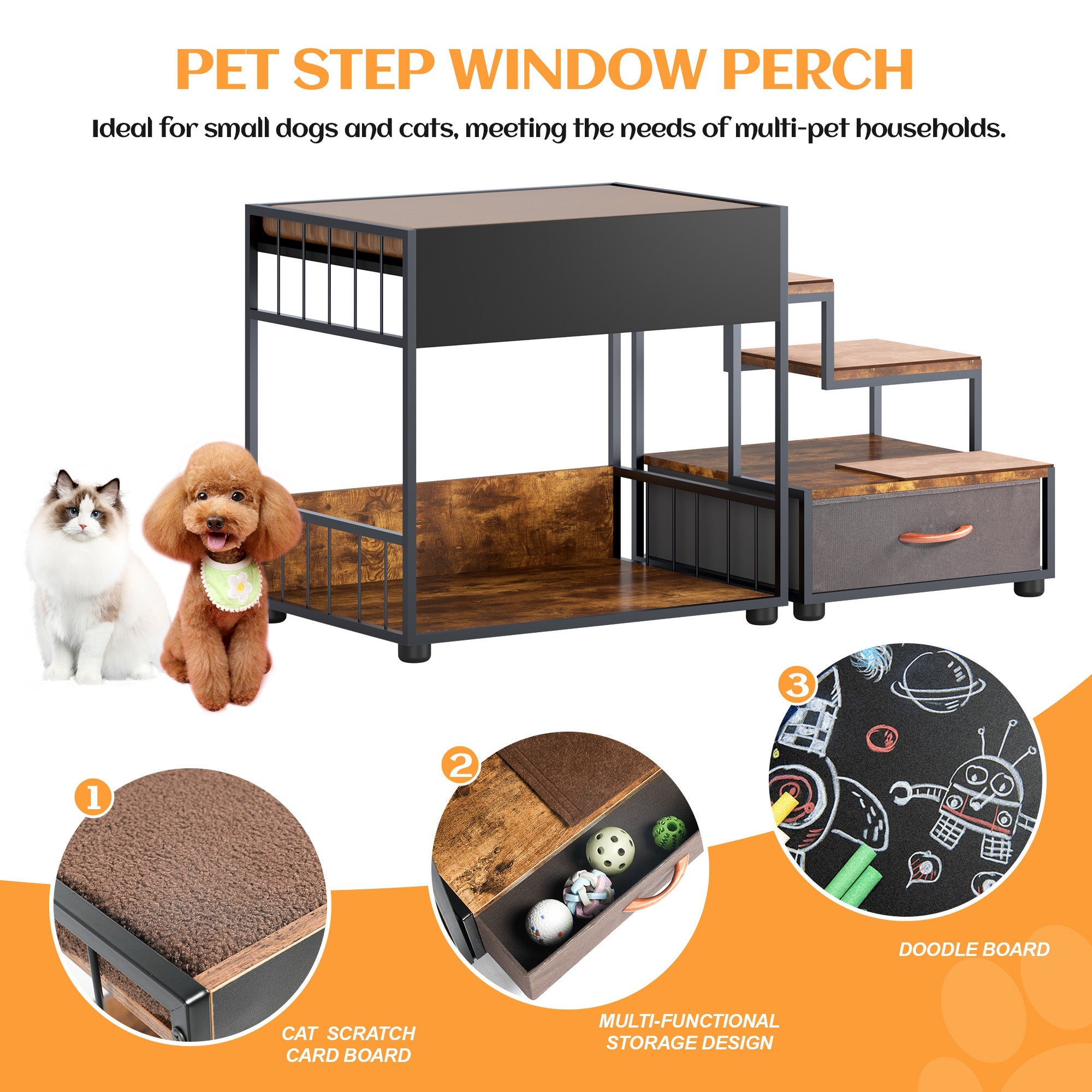 Pet Step Window Perch,Bunk Beds Window Perch for Dogs Bedside Lounge Elevated Dog Bed Multi-Level Platform with sponge Vintage