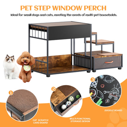 Pet Step Window Perch,Bunk Beds Window Perch for Dogs Bedside Lounge Elevated Dog Bed Multi-Level Platform with sponge Vintage