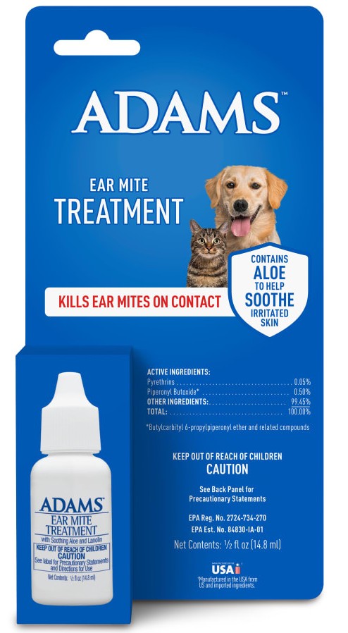 Adams Ear Mite Treatment for Dogs &amp; Cats 0.5oz Kills Mites Fast Soothes Pet Ear 3PCK