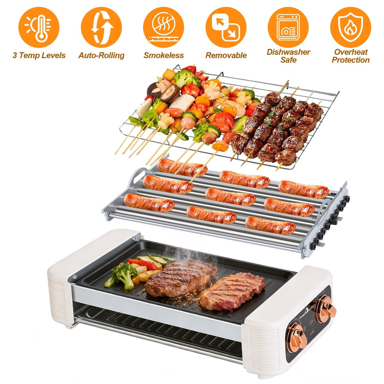 3 In 1 Electric Hot Dog Roller Machine with Grill &amp; Griddle 6-Roller Hot Dog Cooker Smokeless Non-Stick Indoor Outdoor with 3 Temp Levels for BBQ Saus