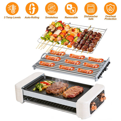 3 In 1 Electric Hot Dog Roller Machine with Grill &amp; Griddle 6-Roller Hot Dog Cooker Smokeless Non-Stick Indoor Outdoor with 3 Temp Levels for BBQ Saus
