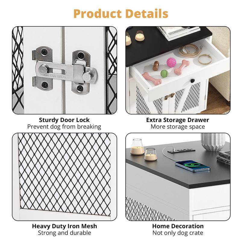 Dog Crate End Table Furniture with Drawer &amp; USB Charging | Wooden Dog Kennel for Medium Dogs