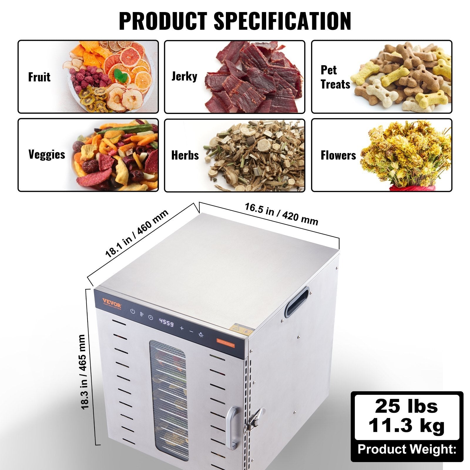Food Dehydrator Machine, 10 Stainless Steel Trays, 1000W Electric Food Dryer with Digital Adjustable Timer &amp; Temperature for Jerky, Herb, Meat, Beef, Fruit, Dog Treats and Vegetables