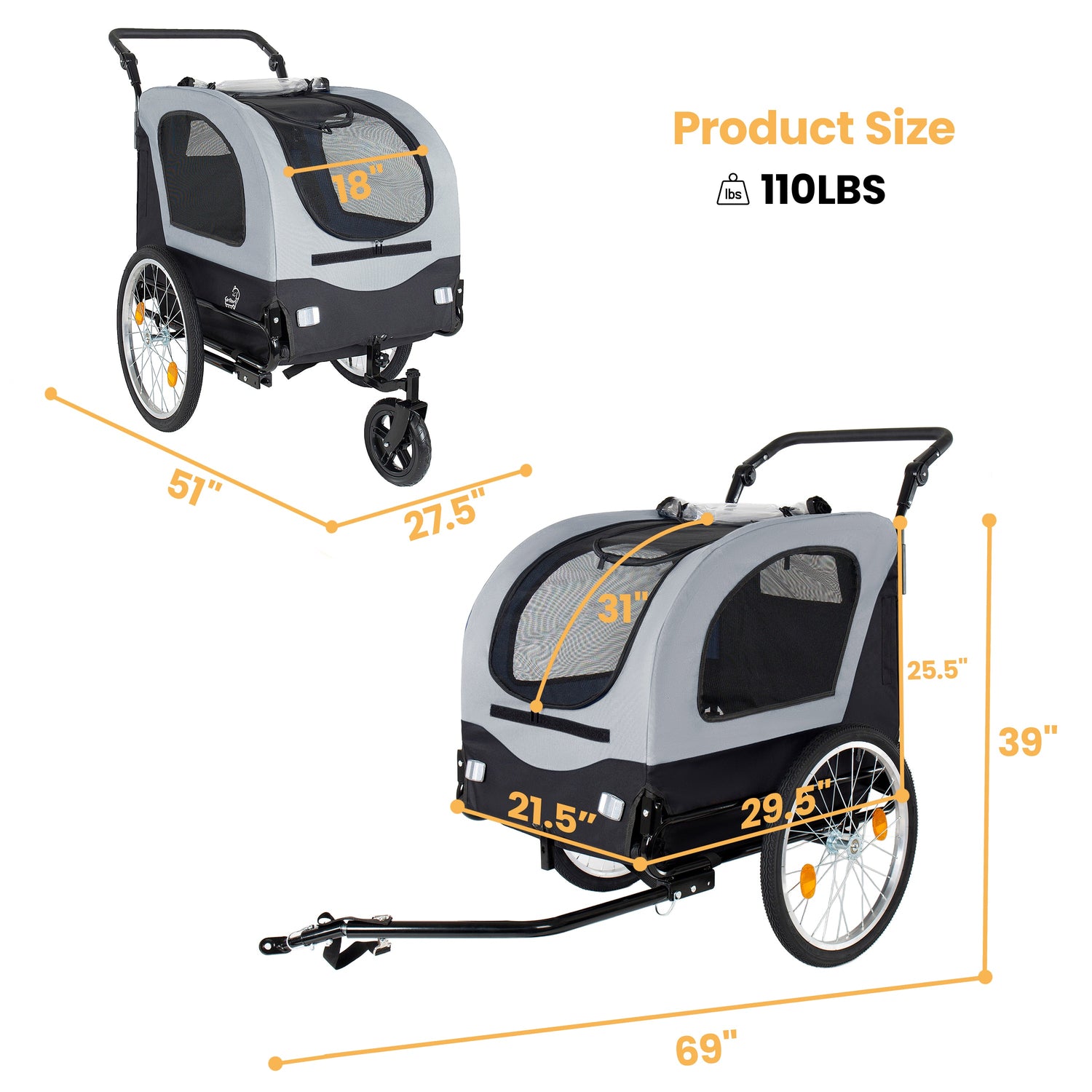 2-in-1 Bike Trailer &amp; Pet Stroller for Dogs up to 110lbs
