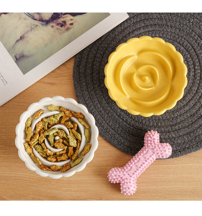 Elevated Ceramic Slow Feed Dish For Cats And Small Dogs, Flower Pool Design Pet Slow Feeder With Higher Edges,Raised Pet Bowl For Dry &amp; Wet Food