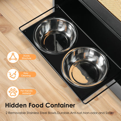 Feeding Station with 1 Storage Cabinets, Pet Feeding Station with 2 Elevated Dog Bowls, Side Hooks, Anti-tip Kit, Hidden Pet Feeder Station for Feeding &amp; Watering, Black
