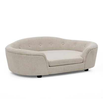 OVERSIZED Size Oval Semi-Enclosed Dog Sofa - Durable Linen Material, Button-Tufted Backrest, High-Center Low-Sides Support &amp; Plush Comfort-Beige