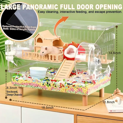 Acrylic Hamster Cage 2 Tier Habitat with Accessories Transparent Small Pets