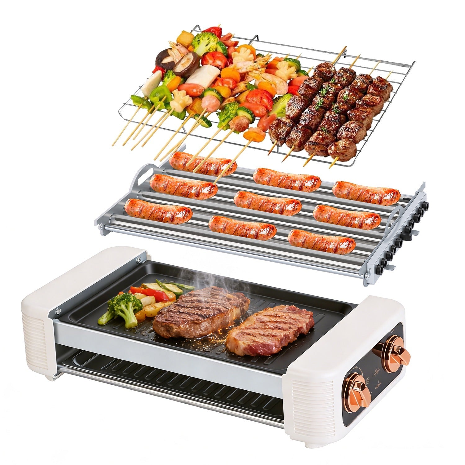 3 In 1 Electric Hot Dog Roller Machine with Grill &amp; Griddle 6-Roller Hot Dog Cooker Smokeless Non-Stick Indoor Outdoor with 3 Temp Levels for BBQ Saus