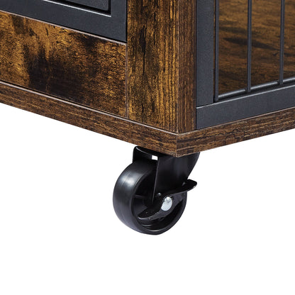 Furniture Style Dog Crate Side Table on Wheels with Double Doors and Lift Top. Rustic Brown, 43.7&