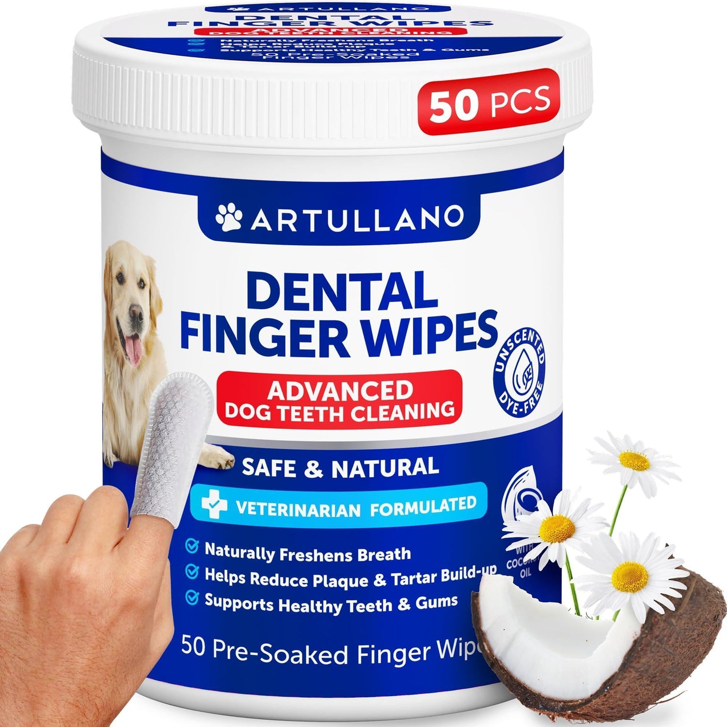 Dog Teeth Cleaning Finger Wipes 50 Count Disposable Plaque &amp; Tartar Coconut Oil