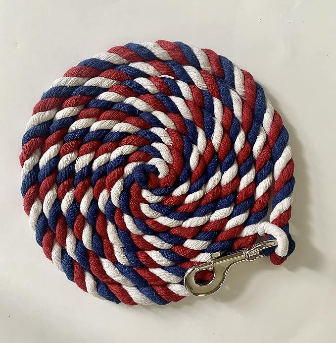 Majestic Ally Pack of 2 Solid Cotton Lead Rope for Horses &amp; Livestock – 10 Foot Long and 5/8 inch Thick - Replaceable Heavy-Duty Satin Bolt Snap – Handmade – Soft, Broken in Feel (Patriotic)